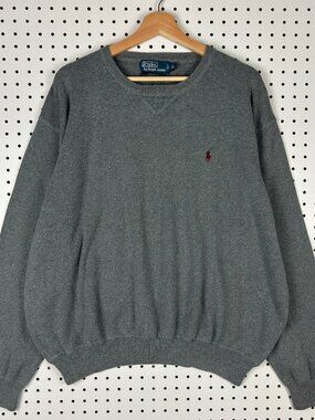 Polo Ralph Lauren Vtg Crewneck XL Gray Red Pony Cotton Knit Jumper Sweatshirt